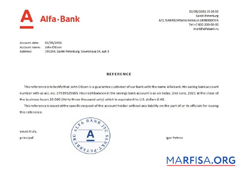 Printable Russia Alfa bank reference sample